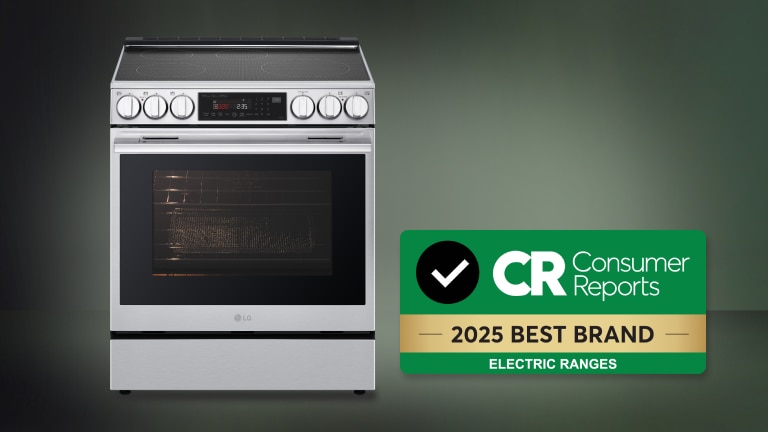 An LG range next to a Consumer Reports 2025 Best Brand badge