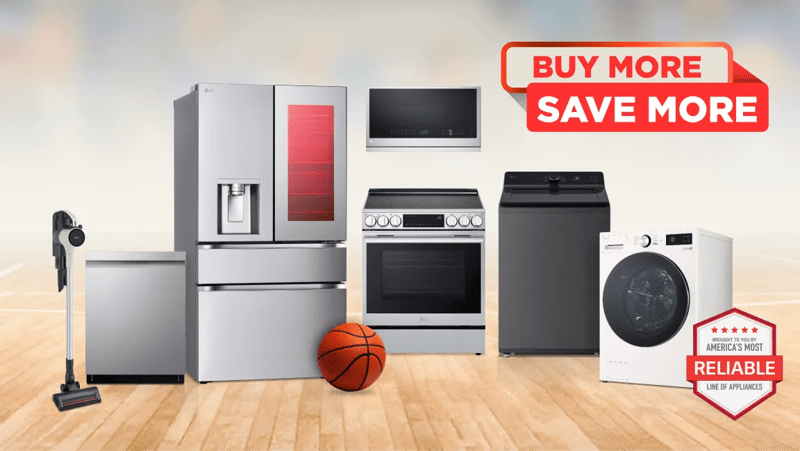 “Buy More Save More” title badge. A group of home appliances on a basketball court. “America’s Most Reliable Line of Home Appliances” 