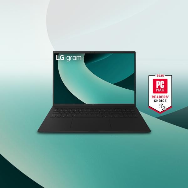 
An LG gram laptop appears on a green background. “2025 PC Mag Readers’ Choice” badge.


