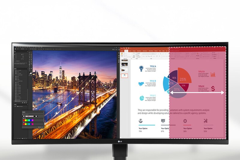 A computer monitor displaying a cityscape image and a presentation slide with a pie chart.