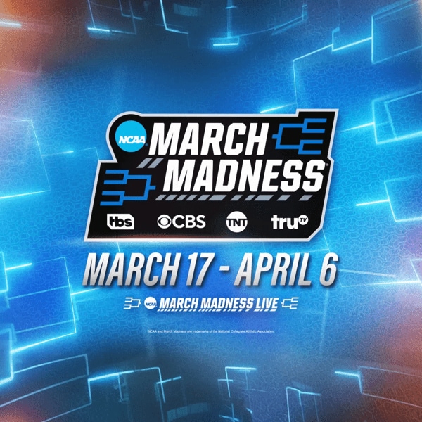 NCAA logo and text reading“March Madness: March 17-April 6” and “March Madness Live”
