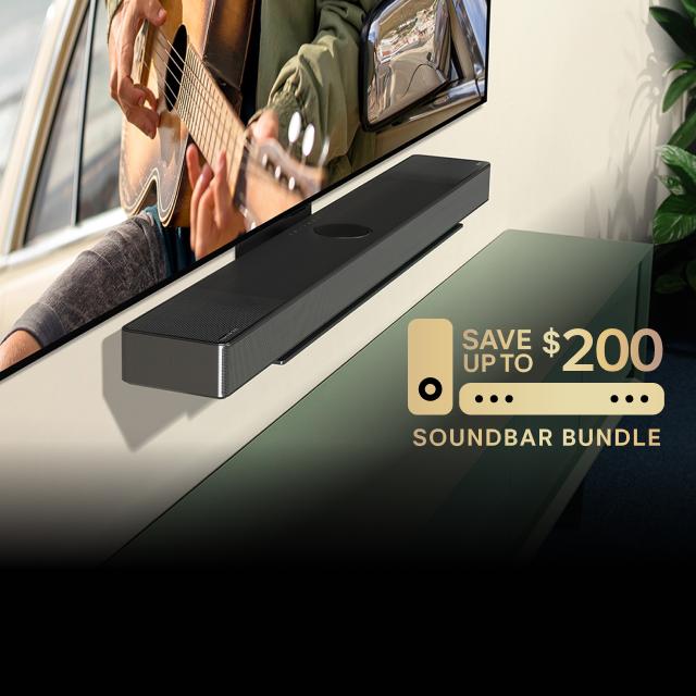 An LG soundbar appears below a TV in a living room setting. Text reading “Save up to $200 Soundbar Bundle” appears below.