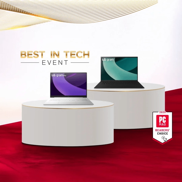 “Best In Tech Event” title badge. A group of laptops appear on a red carpet. “2025 PC MAG Readers’ Choice” badges. 