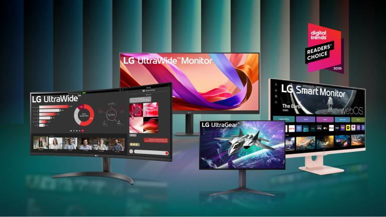 A group of LG monitors on a green background. “Digital Trends Readers’ Choice 2025” badge.
