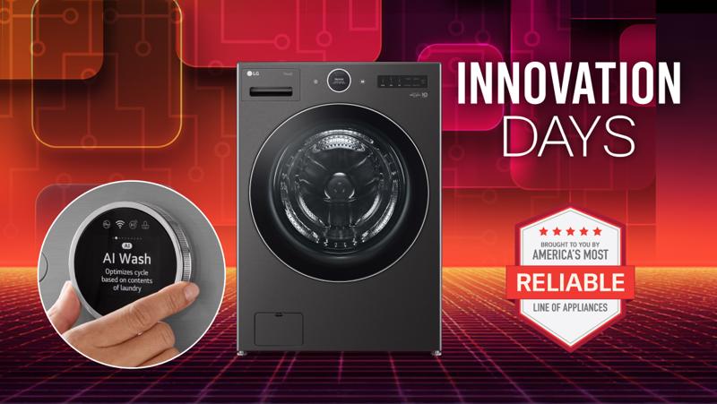 “Innovation Days” title badge. A washer and dryer Appear on a red background. “America’s Most Reliable Line of Home appliances” badge. Pop-out of Smart dial displaying “AI Wash”.