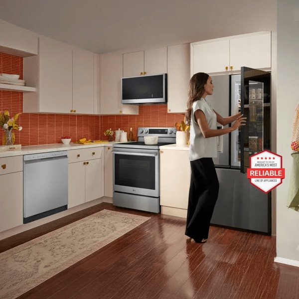 Various LG appliances appear in a bright kitchen setting. A group of appliances appear in a group beside the image. “America’s Most Reliable Line of Home Appliances” badge. 