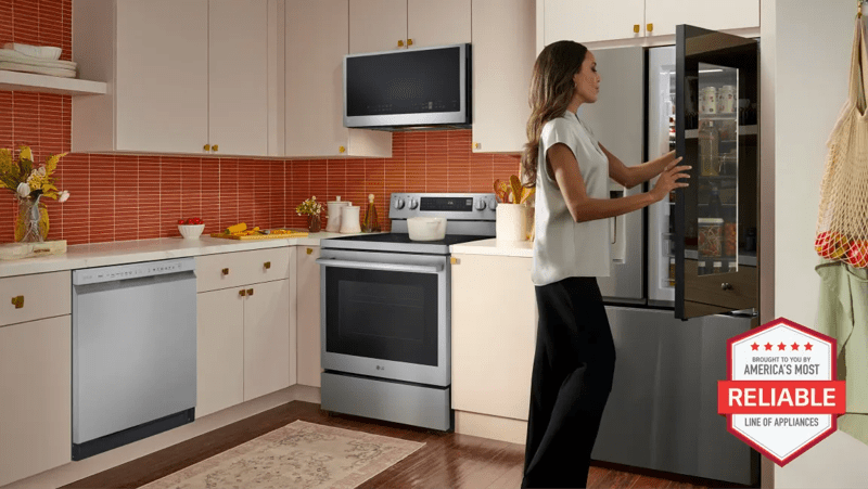 Various LG appliances appear in a bright kitchen setting.. “America’s Most Reliable Line of Home Appliances” badge. 