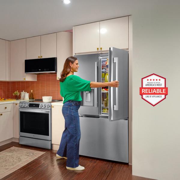 A woman opens her LG fridge in a spacious kitchen setting. “America’s Most Reliable Line of Home Appliances” badge.