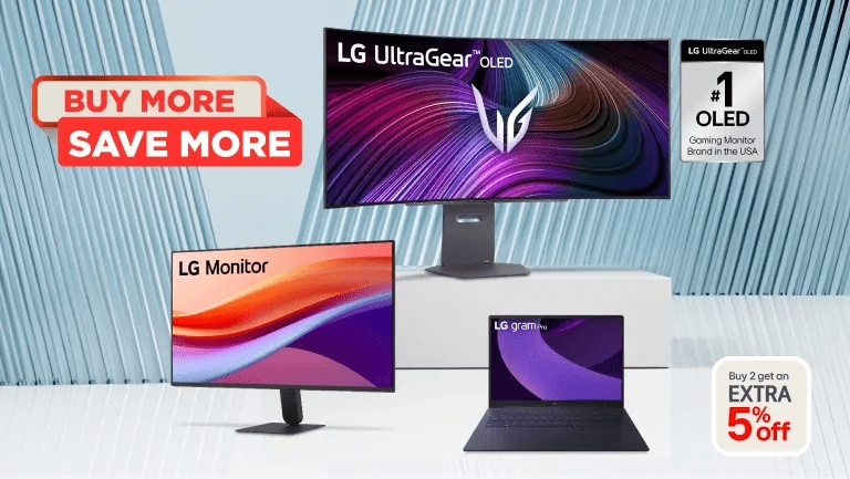 “Buy More, Save More” badge. Various LG Laptops and Monitors appear on a blue and white background. “LG UltraGear OLED: #1 OLED Gaming Monitor Brand in the USA” badge. “Buy 2 get an extra 5% off” pop-out text.