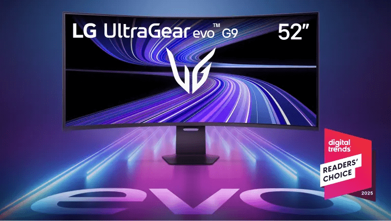 UltraGear evo G9 monitor on futuristic background. “Digital Trends Readers’ Choice 2025” badge.
