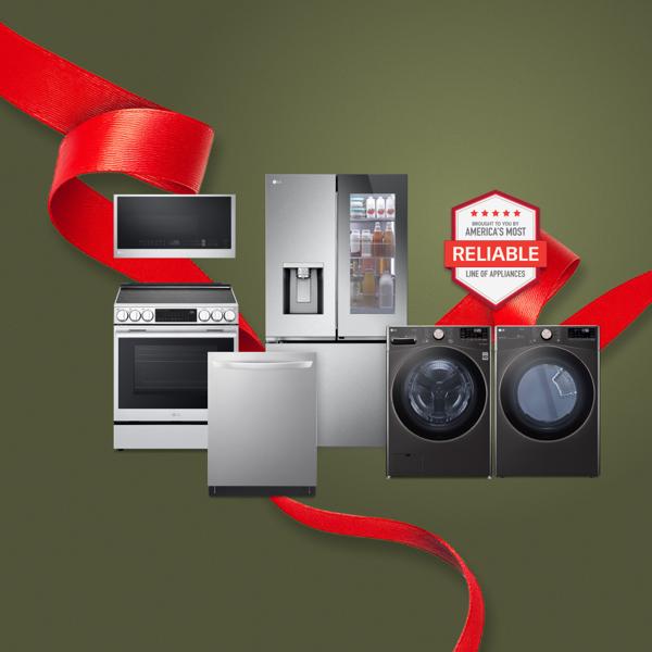 “It’s Gifting Season” tag. Various holiday-themed items and LG home appliances appear in kitchen and laundry room settings within a gift box collage layout. “America’s Most Reliable Line of Home Appliances” badge.