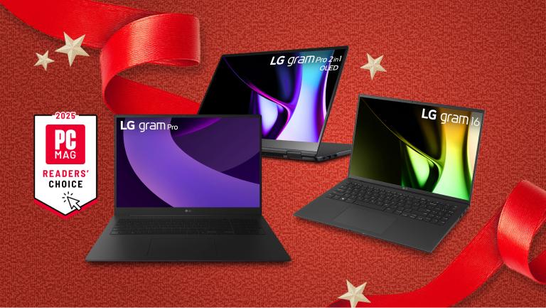 Various LG laptops appear on a holiday-themed background. “2025 PC MAG Readers’ Choice” badge. 