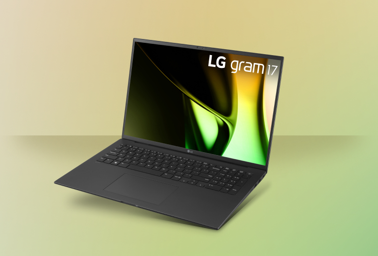 Showcasing LG gram 17 laptop, focusing on its lightweight design and powerful capabilities.