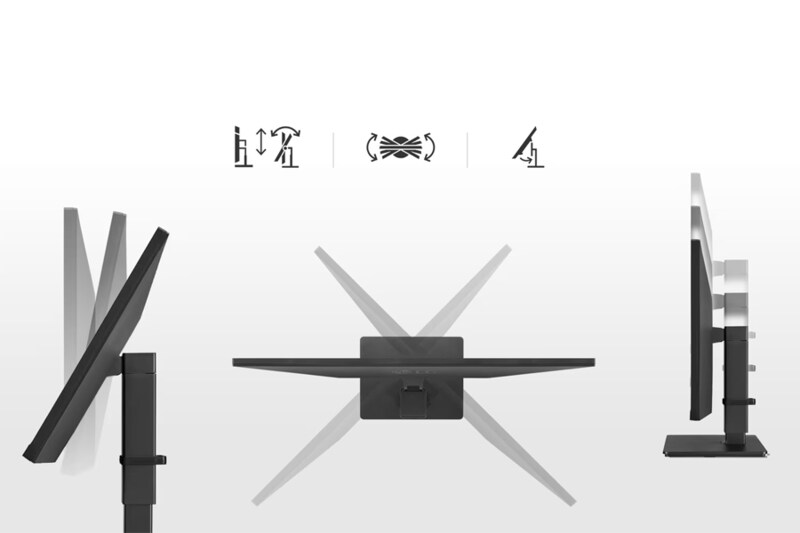 Image of a monitor stand showing tilt and swivel capabilities with icons.