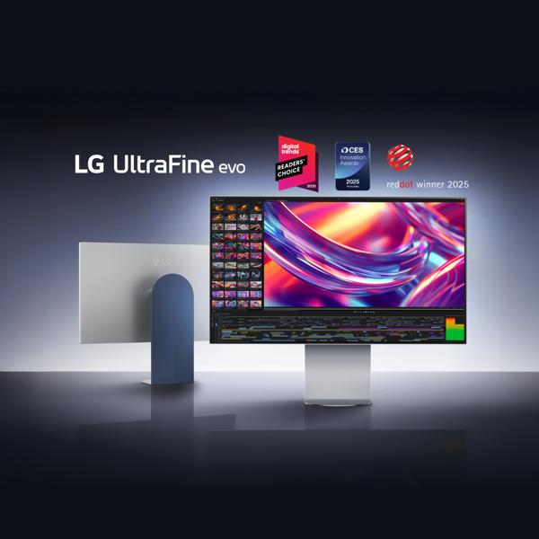 “LG UltraFine evo” title badge. A back and front profile of the monitor on a silver background. “Digital Trends Readers’ Choice 2025” badge. “CES Innovation Awards 2025” badge. Reddot winner 2025” badge.