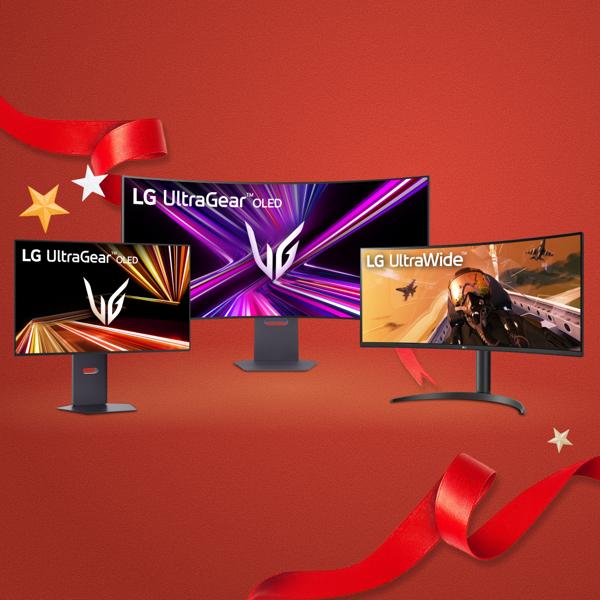 “It’s Gift Season” tag. Various LG monitors and holiday-themed items appear on a gift box collage layout.