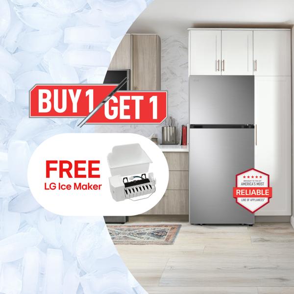 “Buy 1, Get 1” title badge. A refrigerator appears in a kitchen setting. Beside it appears a graphic of ice cubes and a pop-out with text reading “Free LG Ice Maker (up to $149 value).  “America’s Most Reliable Line of Home Appliances” badge appears on the bottom right of the image.