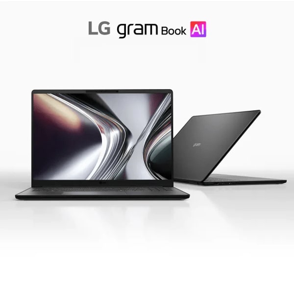 LG gram Book AI laptop shown open with a second view partially closed on a light, gradient background.