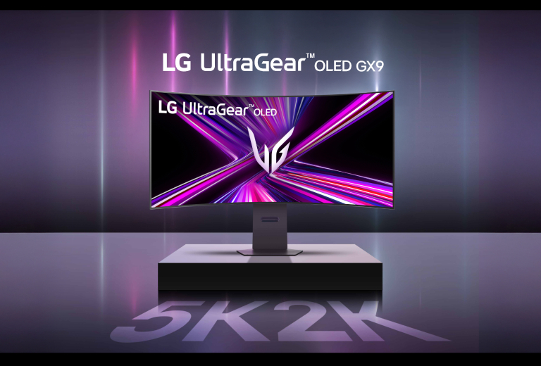 LG UltraGear OLED GX9 gaming monitor featuring a curved widescreen display with vibrant neon graphics, set on a sleek stand with a futuristic background. The text "5K2K" highlights the high resolution.