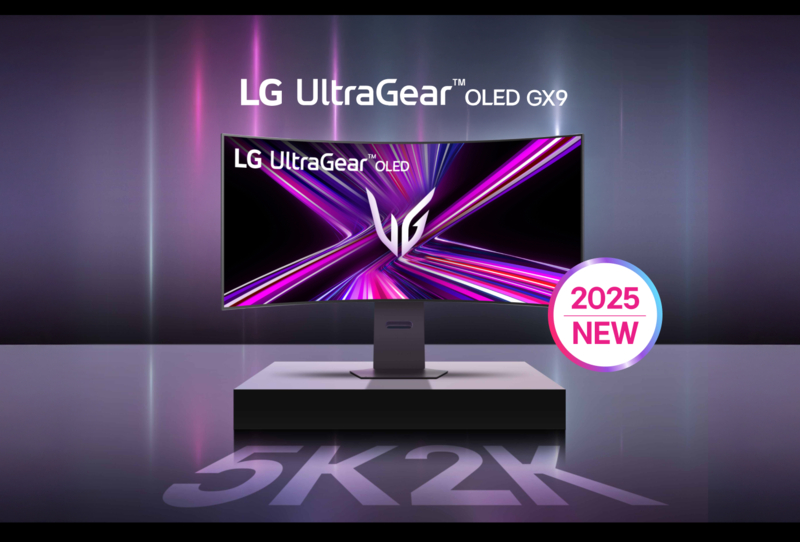 LG UltraGear OLED GX9 gaming monitor featuring a curved widescreen display with vibrant neon graphics, set on a sleek stand with a futuristic background. The text "5K2K" highlights the high resolution.