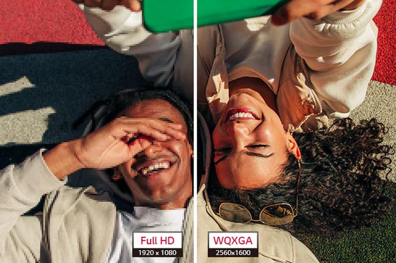 Comparison of Full HD and WQXGA resolutions showing two people lying down, with the WQXGA side appearing clearer.