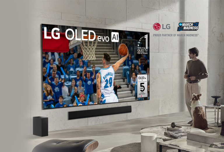 An advertisement for LG's Premier OLED TVs, featuring the model name 'LG OLED evo,' designed for an immersive viewing experience, showcased in a sleek and modern design. The image highlights the ultra-large screen size, perfect for enjoying events like March Madness.