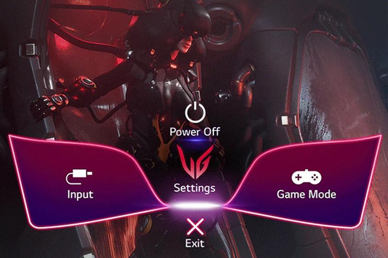 The image depicts a futuristic interface screen overlaying an armored figure in a dark, metallic environment. The central focus is on the settings menu displayed prominently in the foreground. The menu consists of four main options: "Input," "Power Off," "Game Mode," and "Exit," with an emblem labeled "Settings" at the center. These options are set against a curved, purple-pink gradient background. The figure behind the menu appears to be wearing a helmet and a high-tech suit, suggesting a gaming or sci-fi theme. The lighting is dim, with red and metallic hues dominating the background.