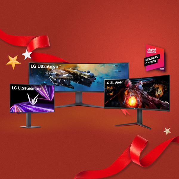 “It’s Gift Season” tag. Various LG electronics and holiday-themed items appear on a gift box collage layout. “Digital Trends Readers’ Choice 2025” badge.