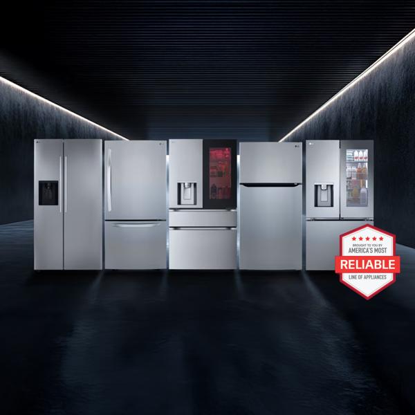A lineup of LG refrigerators appear side-by-side