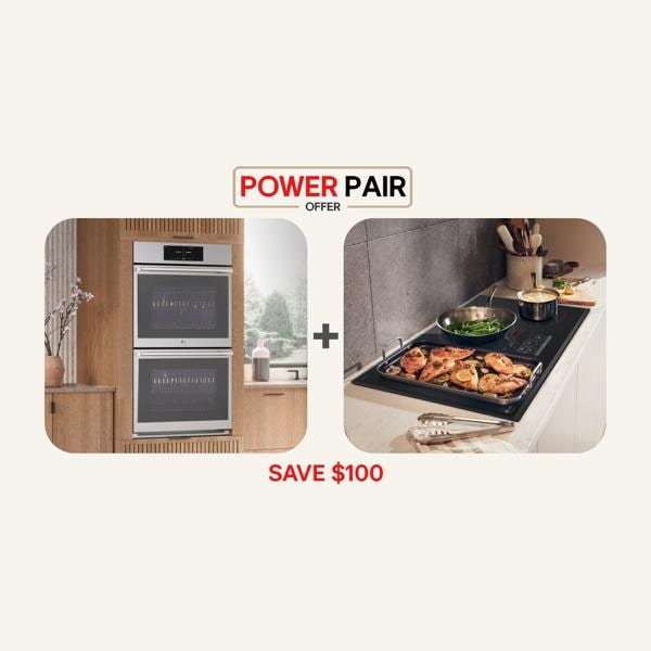 “Cooking Power Pair Offer” title badge. A double wall oven appears next to various items on a cooktop. “Save $100” text below.