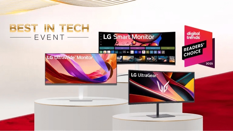 “Best in Tech Event” title badge. A group of various LG monitors on a red carpet. “Digital Trends Readers’ Choice 2025” badge.