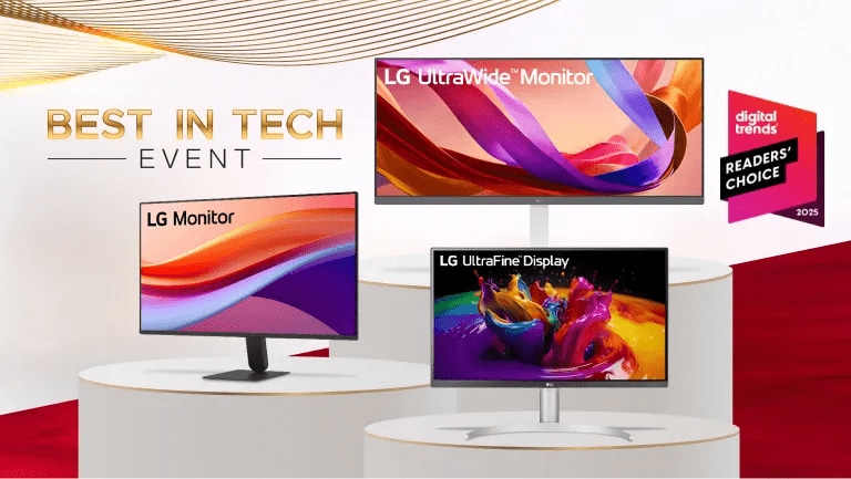 “Best in Tech Event” title badge. A group of various LG monitors on a red carpet. “Digital Trends Readers’ Choice 2025” badge.