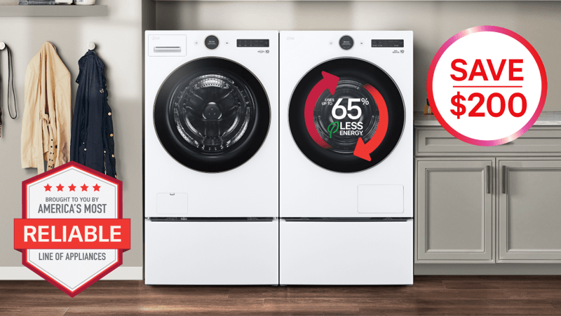 An LG washer and DLHC5502 dryer appear side-by-side in a laundry room setting. On the dryer, a graphic appears reading “Uses up to 65% less energy”. “America’s Most Reliable Line of Home Appliances” badge appears on the bottom left of the scene. “Save $200” pop-out text. 
