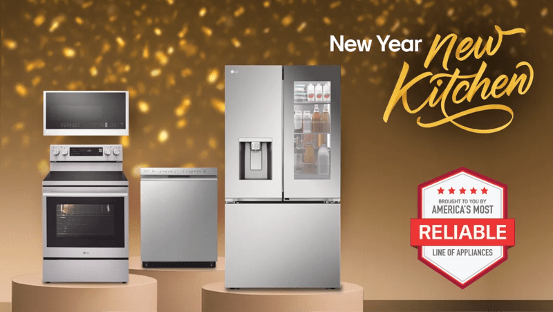 “New Year, New Kitchen” tag. Group shot of various LG home appliances on festive gold background. "America’s Most Reliable Line of Home Appliances”.