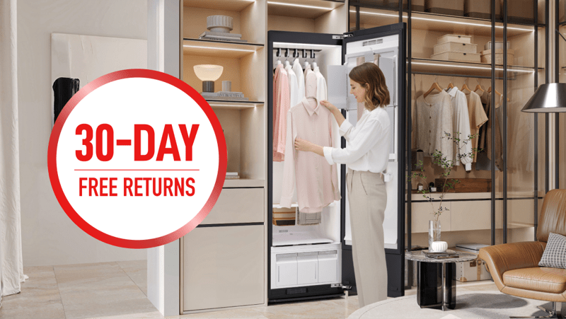 LG Styler® Steam Closet appears in bright living room setting. “30-Day Free Returns” badge.