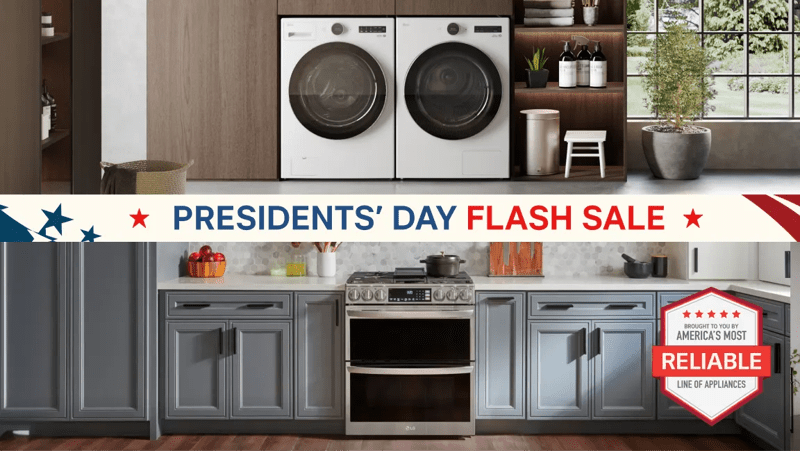 Presidents’ Day Flash sale banner featuring washer and dryer, kitchen with range and microwave, patriotic stars and stripes, and badge that says “Brought to you by America’s most reliable line appliances.”