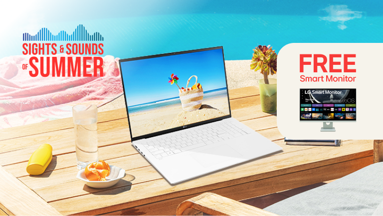 “Sights and Sounds of Summer” title badge. LG gram laptop on a poolside table. “Free Smart Monitor” pop-up with LG Smart Monitor. 