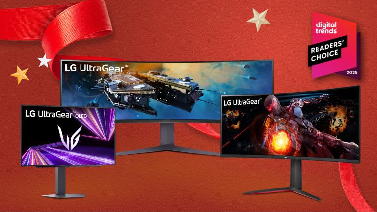 Various LG monitors appear on a holiday-themed background. “Digital Trends Readers’ Choice 2025” badge.