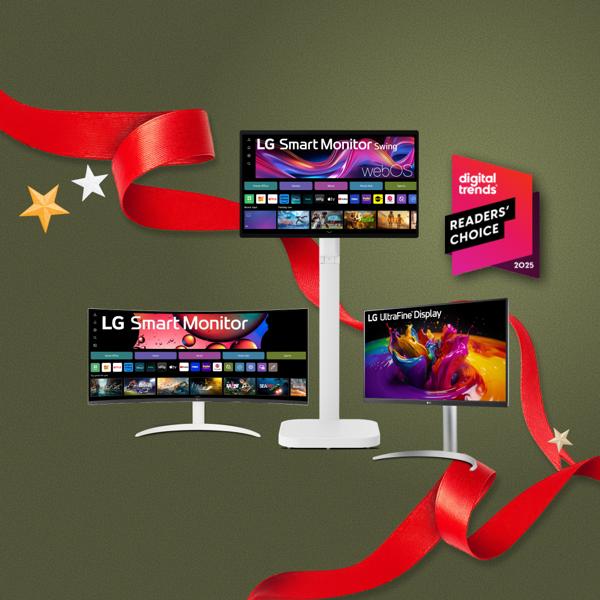 “It’s Gift Season” tag. Various LG electronics and holiday-themed items appear on a gift box collage layout. “Digital Trends Readers’ Choice Best Monitor Brand 2025” badge.