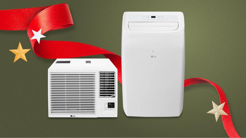 Two LG air conditioners appear side-by-side on a holiday-themed background. 