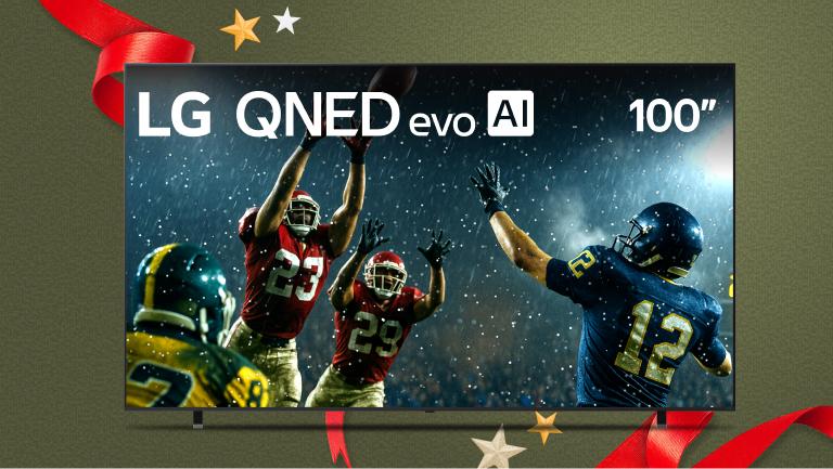 100” LG QNED TV appears on holiday-themed background.