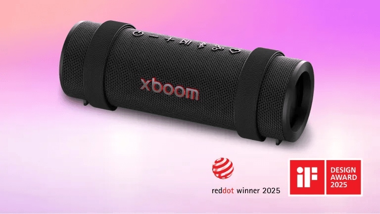  xboom grab on a purple background. “Red Dot winner 2025” and IF Design Award 2025” badges.