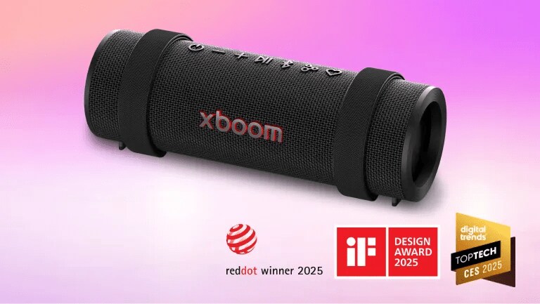 xboom grab on a purple background. “Red Dot winner 2025”, IF Design Award 2025” and Digital Trends Top Tech CES 2025” badges.