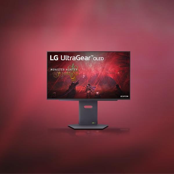 An LG UltraGear OLED Monitor appears on a red background. Screen sows a still from Monster Hunter Wilds game.