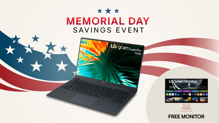 “Memorial Day Savings Event” title badge. An LG gram SuperSlim Laptop appears before a stars and stripes background graphic. Below, a pop-out image of an LG Smart Monitor appears, along with text reading “Free Monitor”.