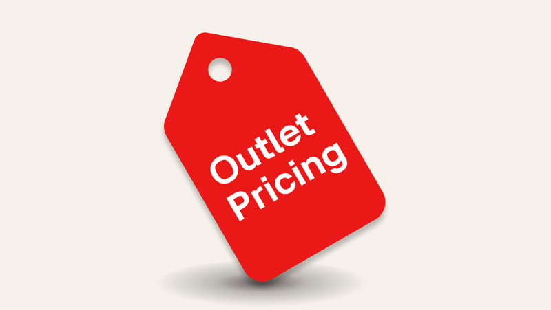 large Red Tag with "Outlet Pricing" and red circle white check mark in top right corner. 