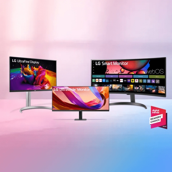 A lineup of LG Monitors against a pink and blue gradient background. A 'Spring Savings' badge appears in the top left, and a red 'Digital Trends Readers' Choice' badge is in the bottom right.