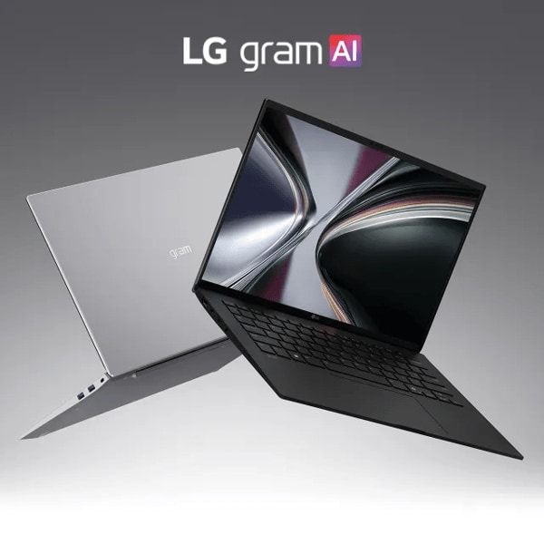LG gram AI laptop in dark gray shown floating at an angle against a gray background with the screen open displaying an abstract swirl graphic.