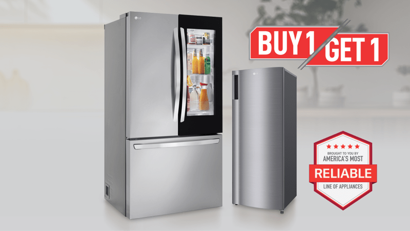 Buy 1, Get 1” title badge. A French Door and a single door refrigerator appear side-by-side.