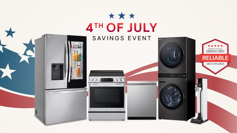 A group of LG home appliances in front of graphic of American Flag. “4th of July Savings Event” badge appears above.